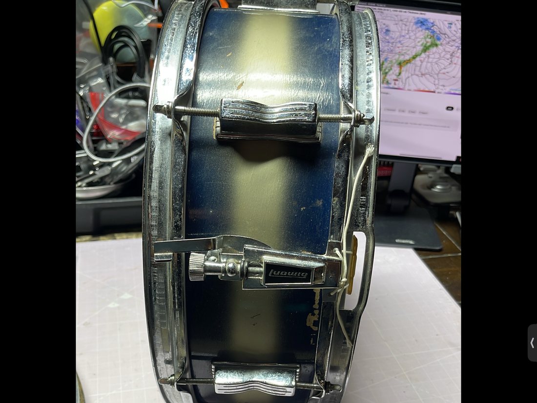 Wooden Ludwig Pioneer snare drum before restoration