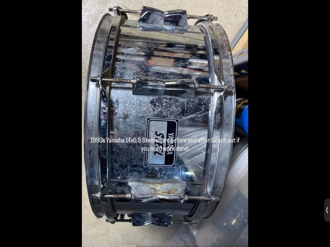 Yamaha steel-shell snare drum before restoration
