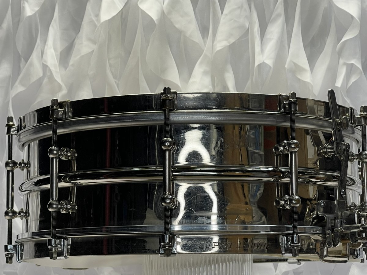 Super-Ludwig snare drum with nickel-over-brass shell and black hardware